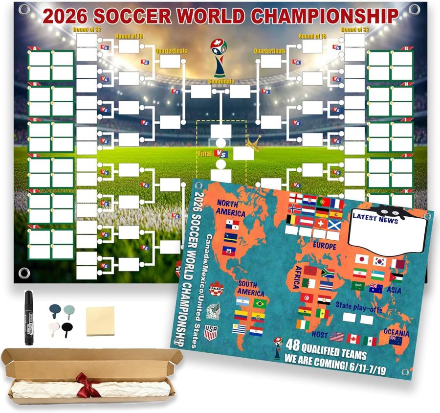 Poster met het speelschema van het WK 2026 en een overzicht van de 48 teams in de finaleronde, een 2-in-1 functionele poster.