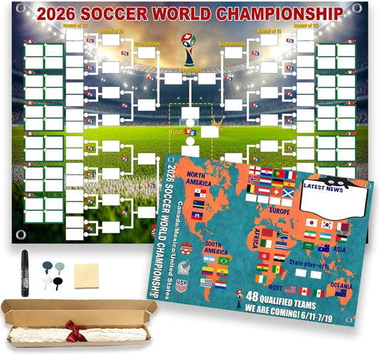 Poster met het speelschema van het WK 2026 en een overzicht van de 48 teams in de finaleronde, een 2-in-1 functionele poster.