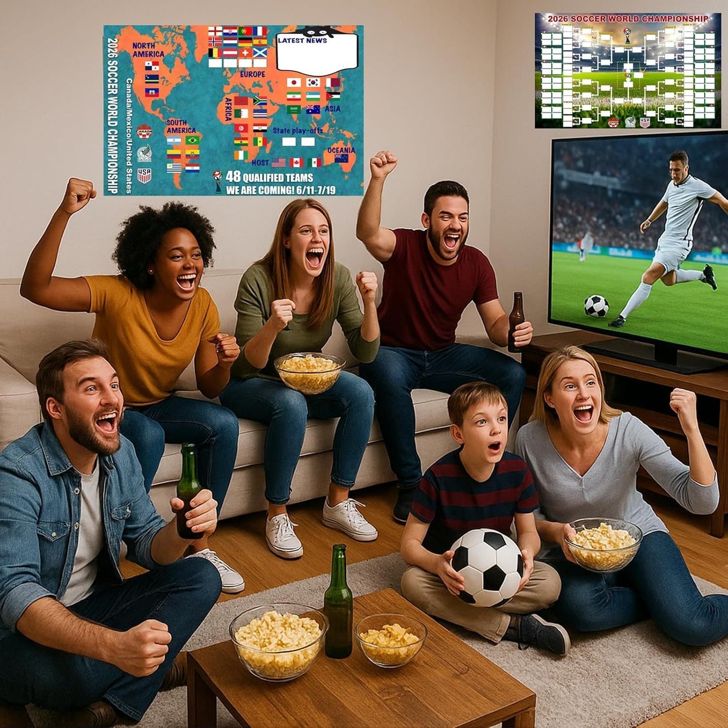 Poster met het speelschema van het WK 2026 en een overzicht van de 48 teams in de finaleronde, een 2-in-1 functionele poster.